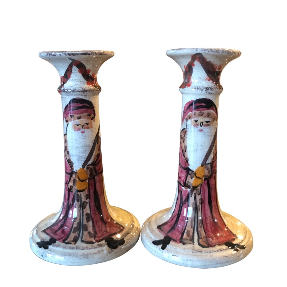 Zrike 2 Hand Painted Italy Santa Christmas Holiday Candlestick Yuletide 8” pair